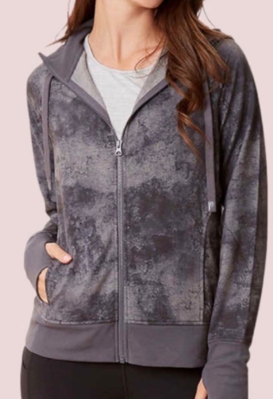 Danskin Small Double Collar Full Zip Hoodie Jacket gray marble cozy